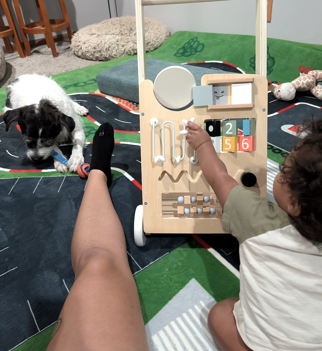 Parent sits between toddler and senior dog; dog chews toy calmly while toddler plays nearby — a safe setup for dog and child interactions.